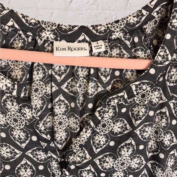 Kim Rogers Womens Dark Gray Geometric Peasant Short Sleeve Top sz L Artsy Casual - Picture 2 of 5